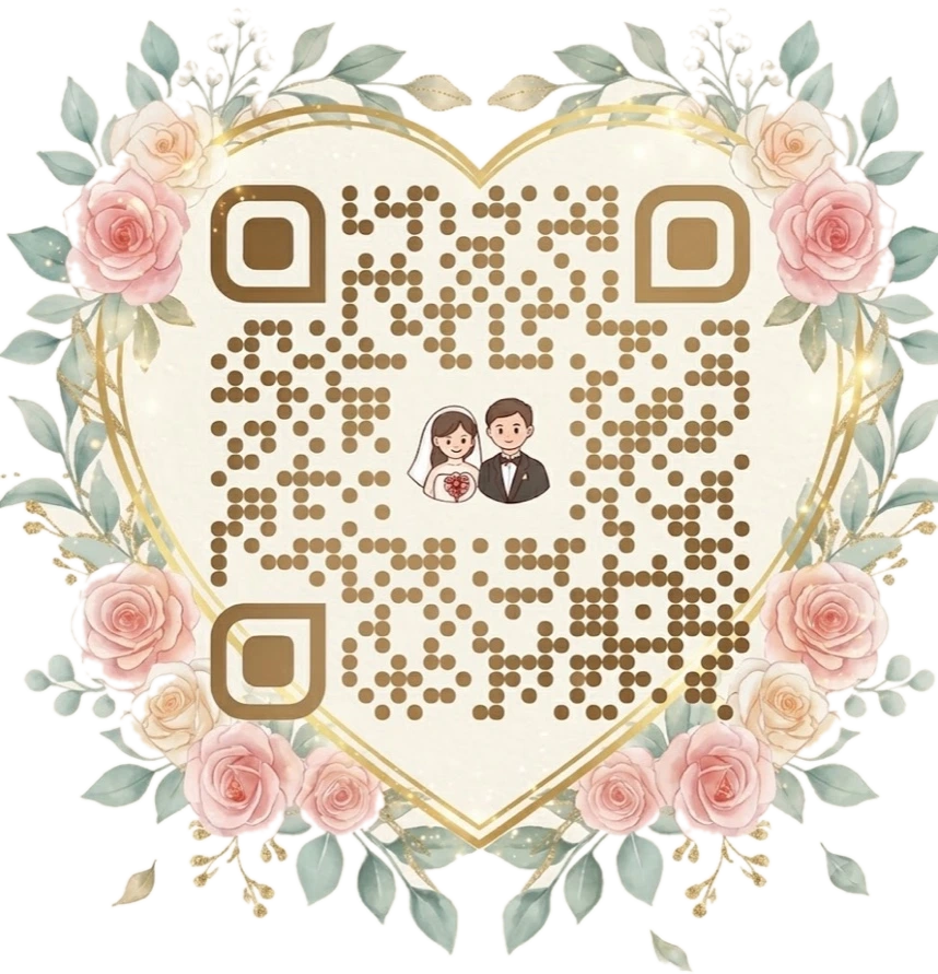 QR tiền mừng minh họa với vòng hoa hồng và hình cô dâu chú rể ở giữa