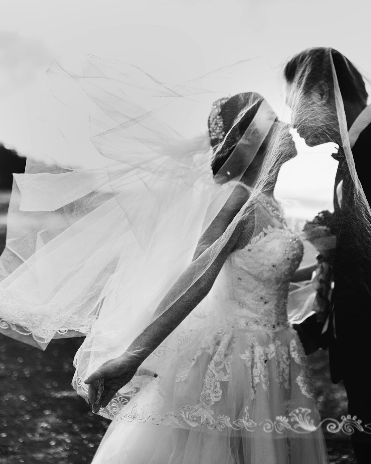 Cô dâu chú rể nhìn nhau qua lớp khăn voan